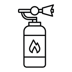 Black outline icon of a fire extinguisher with a flame symbol on a white background safety protection