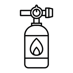 Black outline icon of a gas cylinder with a flame symbol and regulator fuel fire
