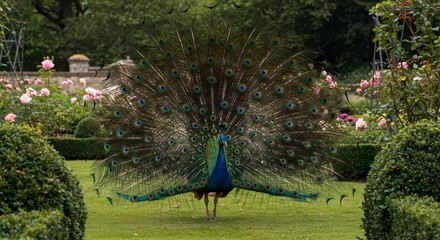 Obraz premium 緑輝く庭園で羽根を広げる孔雀 美しい光彩 鮮やか羽根. AI Generated