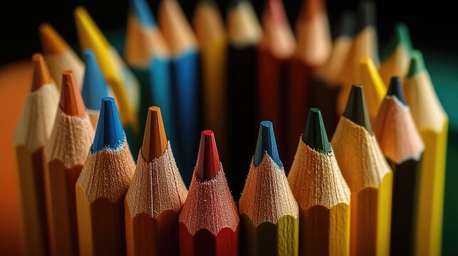 Colored pencils arranged in a circle, tips pointing inward, symbolizing creativity and collaboration