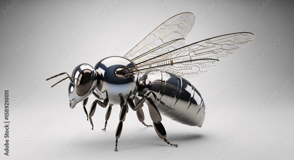 Poster robotic metallic bee with integrated circuit wings on a white background, representing advanced tech
