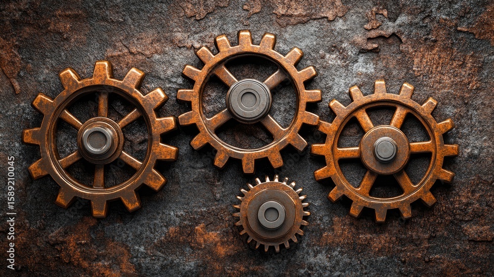 Poster interlocking gears of different sizes on a textured background, working in harmony to represent team