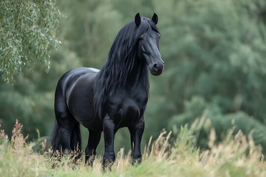 Majestic Black Friesian Horse in a Serene Green Meadow Landscape Setting