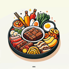 Food plate featuring meat cubes sausages noodles eggs sauces greens and more stylized in cartoon art style