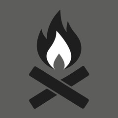Minimalist campfire icon with white flame and dark wood