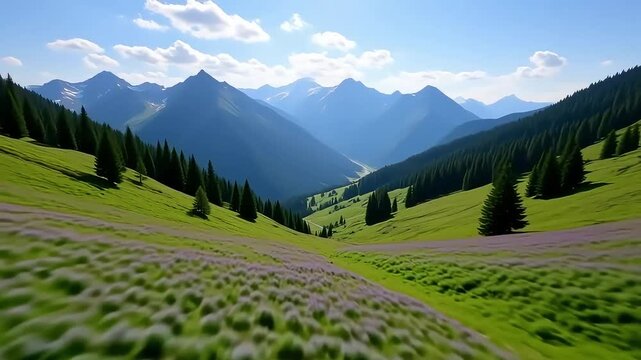 Beautiful mountain landscape with purple flowers nature scenery wallpaper background image 4k 8k