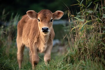 Fototapeta premium A portrait of a light brown calf standing peacefully in the green grass