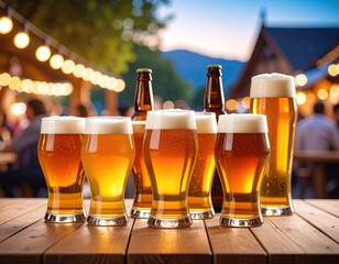 Beer glasses and bottles on a wooden table outdoors