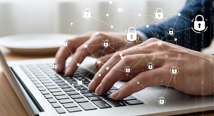 Hands typing on a laptop keyboard with a digital security network overlay