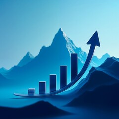 3D Growth Chart with Upward Arrow Against Mountain Background Symbolizing Success and Progress