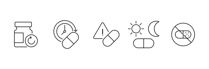 Pharmaceutical medical dosage warning and timing icon vector illustration set.