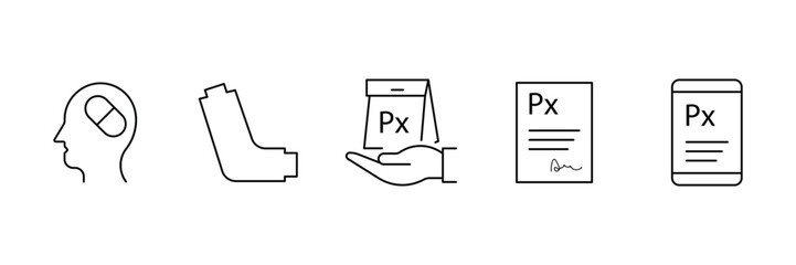 Human brain health medication prescription medical icon vector illustration set.
