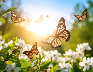 Beautiful butterflies flitting among blossoms in a spring garden