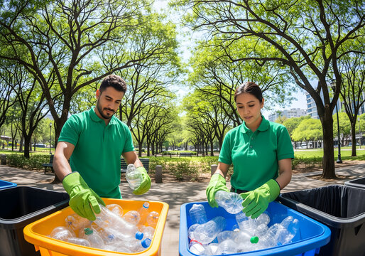A young adult man and woman, both looking focused, wearing green shirts and gloves, sort plastic bottles into recycling bins outdoors