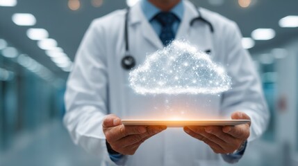 doctor using a tablet to manage electronic health records (EHR) and electronic medical records (EMR) with cloud storage. digital healthcare technology, cloud computing, and medical record management.