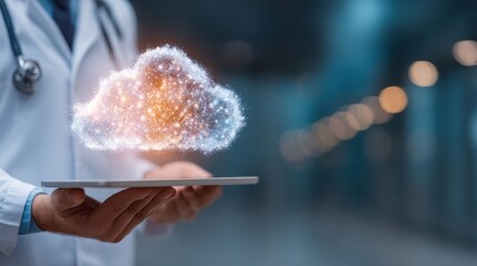doctor using a tablet to manage electronic health records (EHR) and electronic medical records (EMR) with cloud storage. digital healthcare technology, cloud computing, and medical record management.