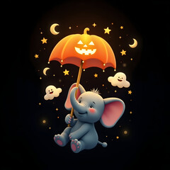 Fototapeta premium Flying Elephant Holding Umbrella with Pumpkin Moon – Dark Sky