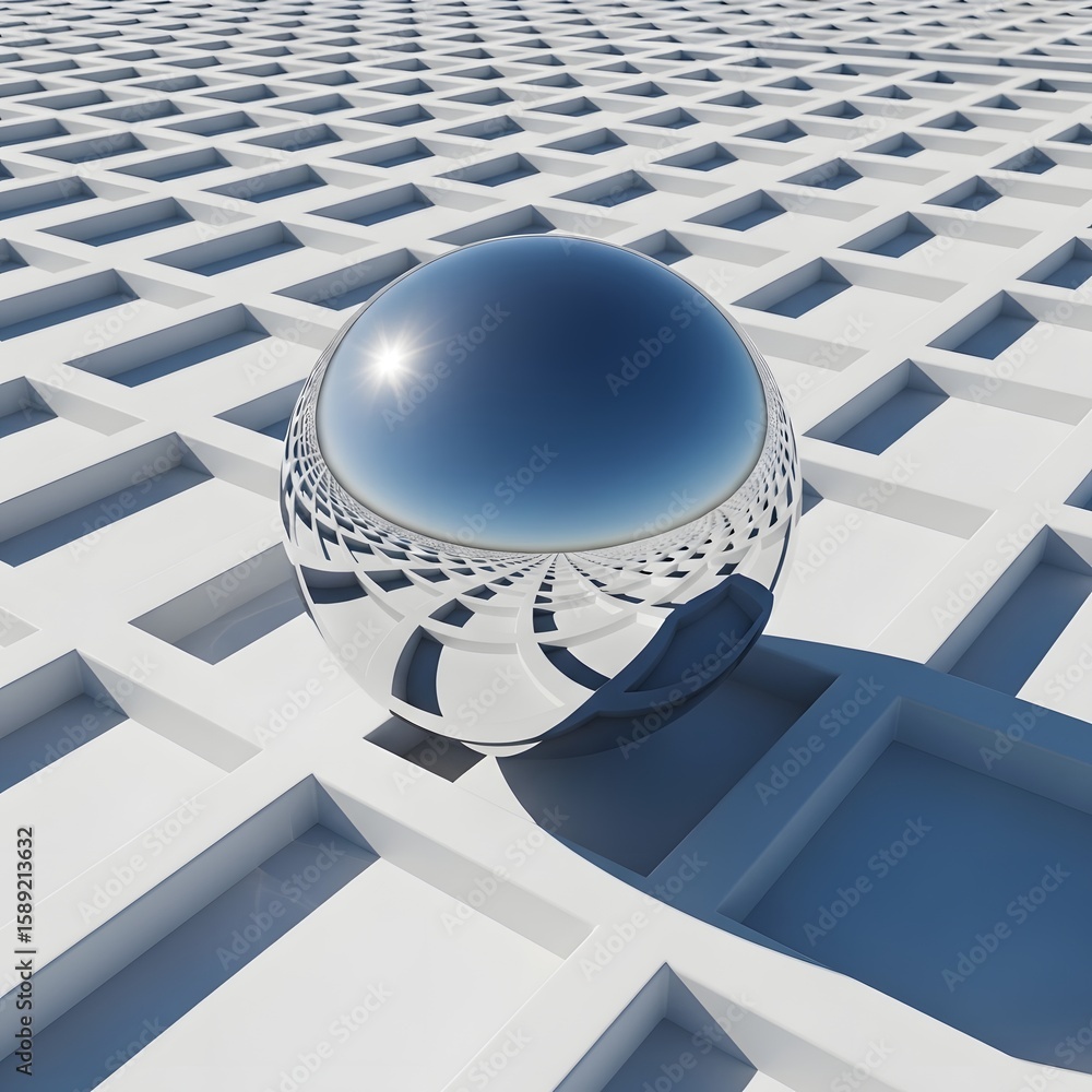 Poster a clear glass sphere rests on a white grid surface, reflecting the grid pattern and sky within its s