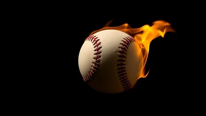 A flaming baseball suspended in darkness, creating a striking visual contrast.