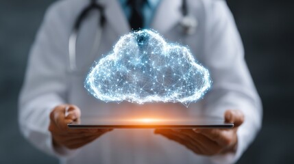 doctor using a tablet to manage electronic health records (EHR) and electronic medical records (EMR) with cloud storage. digital healthcare technology, cloud computing, and medical record management.