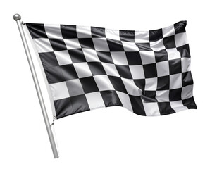  Classic black and white checkered racing flag waving, isolated on white background PNG   