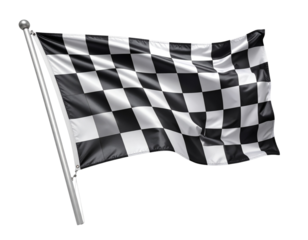  Classic black and white checkered racing flag waving, isolated on white background PNG   