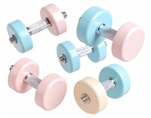 Obraz premium Pastel Colored Dumbbells Floating With Sparkle Accents Against White Background for Fitness and Exercise