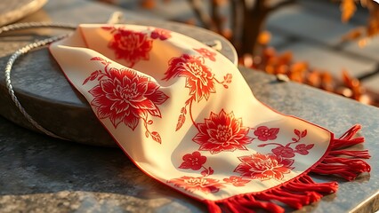 Delicate silk scarf with chrysanthemum embroidery in rich red and gold, evoking autumnal serenity.