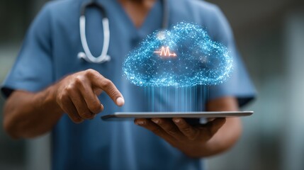 doctor using a tablet to manage electronic health records (EHR) and electronic medical records (EMR) with cloud storage. digital healthcare technology, cloud computing, and medical record management.
