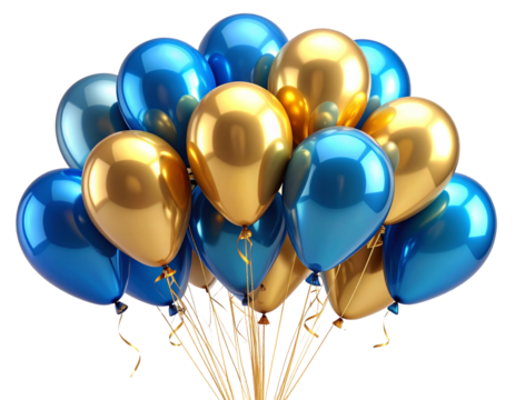  Blue and Gold Balloon Bunch with Metallic Shine for Birthday or Anniversary Celebration Isolated on Transparent Background PNG    - Powered by Adobe