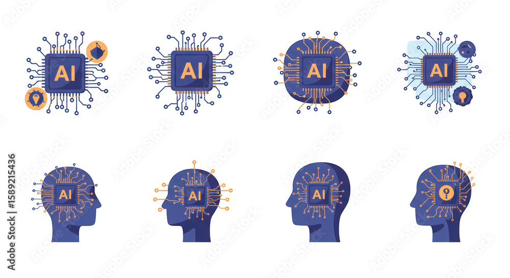 Poster photo of collection of artificial intelligence head and computer icons isolated on transparent backg
