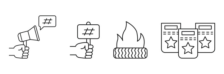Protest demonstration rally awareness movement icon set vector illustration with placard fire badge megaphone and social hashtag campaign for rights.