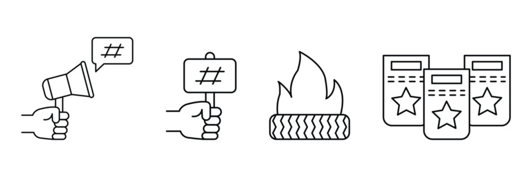 Protest demonstration rally awareness movement icon set vector illustration with placard fire badge megaphone and social hashtag campaign for rights.