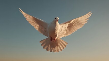 Fototapeta premium White dove flying with wings spread wide in soft light