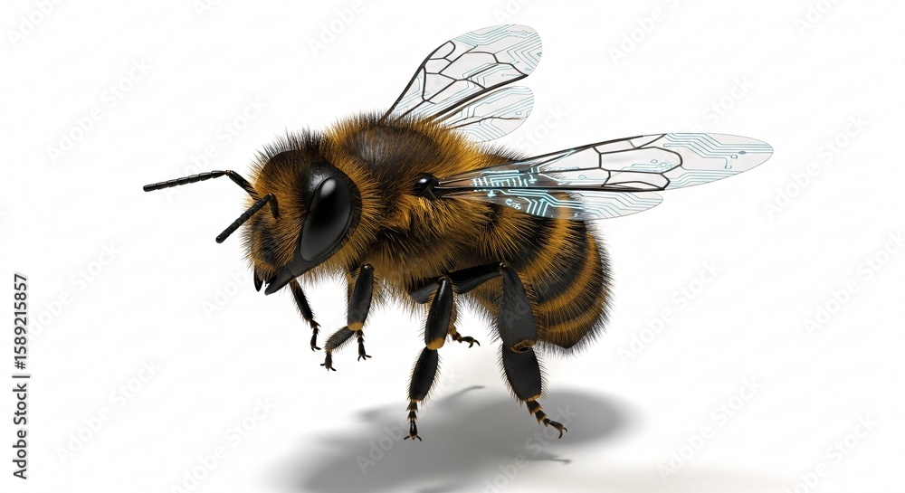 Poster digital honeybee with intricate circuit pattern wings on a clean white background, symbolizing techn