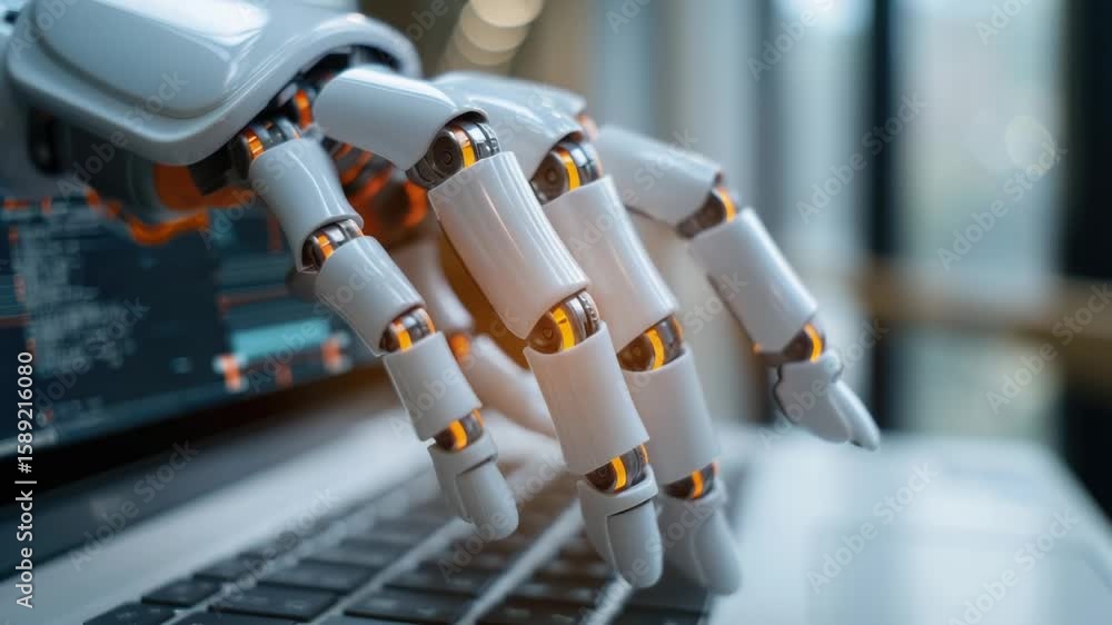 Aufkleber a close-up view of a robotic hand typing on a laptop computer