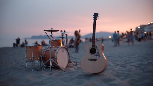 Acoustic guitar and drums rest on a sandy beach as people gather around for evening entertainment, illuminated by the soft, warm glow of the sunset, evoking a relaxed, music-filled atmosphere.