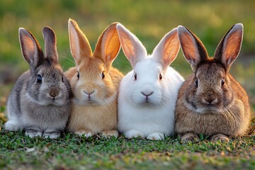 Fototapeta premium Four adorable bunnies of various colors sitting together in a grassy field