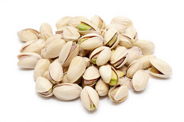 Heap of tasty pistachio nuts isolated on white
