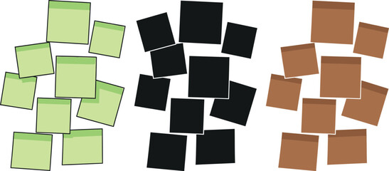 Colorful sticky notes in green, black, and brown hues are arranged in clusters, perfect for reminders, planning, or creative brainstorming, adding a touch of organization and style.