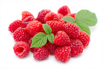 Raspberry with leaves isolated on white background