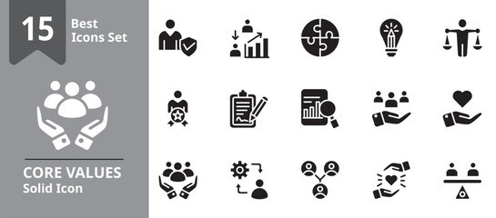 Solid icon set illustrating company core values including integrity, teamwork, accountability, trust, innovation, and inclusion. Ideal for company profiles, HR presentations, business culture.