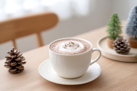 saucer with white mug of hot chocolate with cream and brown sugar sitting on wood table with acorns and mini pine trees