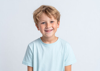 Smiling boy looks at the camera against a white background. Marketing, web, design.