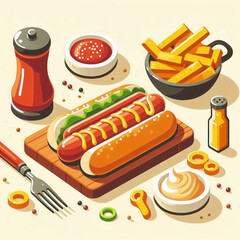 Hot dogs fries condiments and fork on a light surface