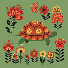 Cartoon turtle walking among colorful flowers on green background  