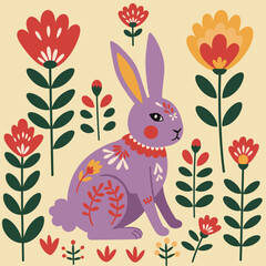 Colorful rabbit sitting among flowers in whimsical style  