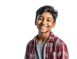 Smiling teenager portrait. Boy poses in a studio, looking at camera. Represents youth, casual lifestyle, education, health. Use for ads, web design.