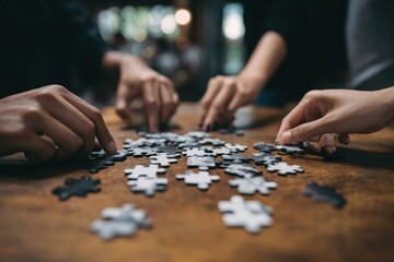 Fototapeta premium Team solving a puzzle, hands close-up