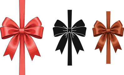 Three decorative bows in red, brown, and black add a touch of elegance, perfect for gift wrapping, holiday decorations, or adding a festive flair to any design project.